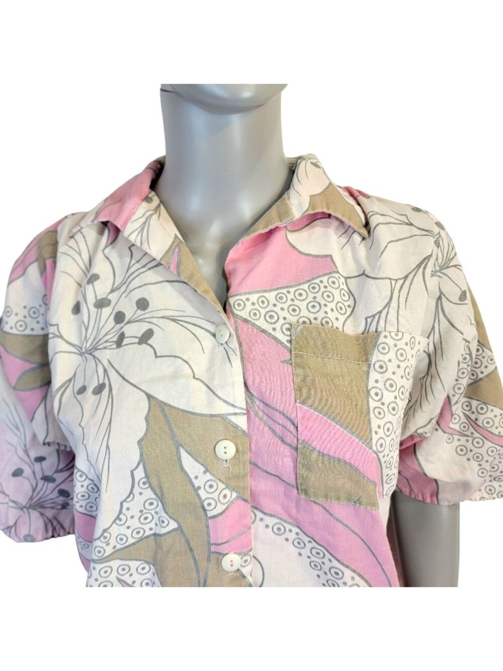 Vintage 70s Tropical Floral Shirt Women XL Button Collar Short Sleeve Top Summer